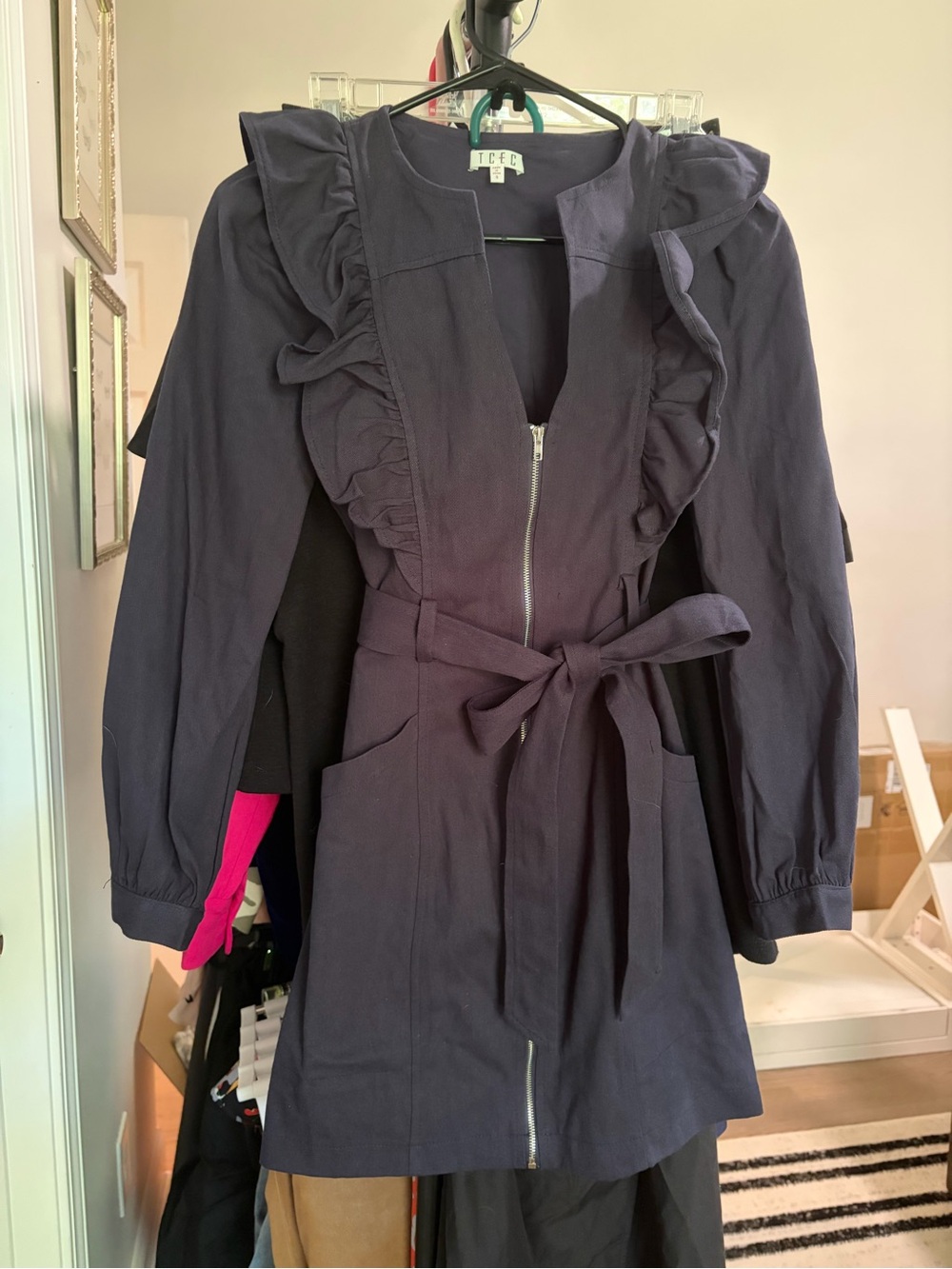 TCEC Navy Ruffle-Front Belted Trench Coat